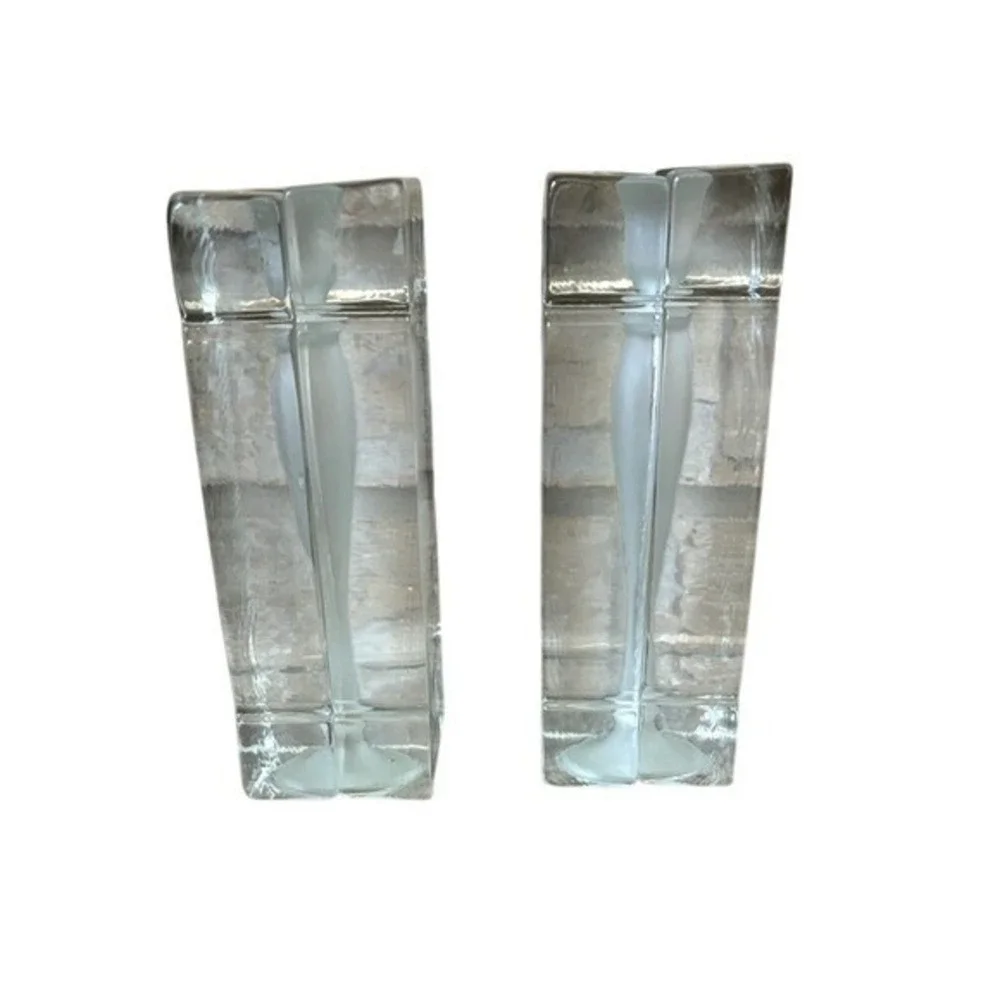 Vintage Pair Heavy Glass Blocks w/ Frosted Candle Stick Mold Decor Bookends RARE